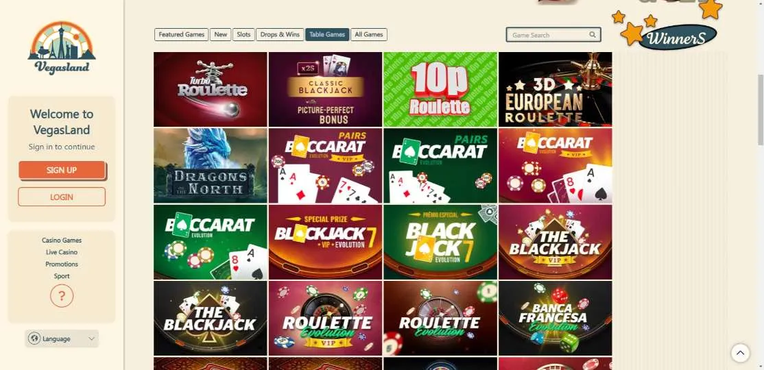 VegasLand Casino Table Games Background Image