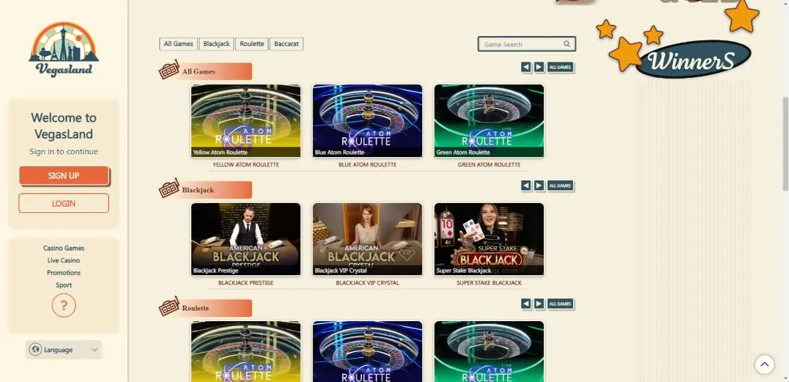 VegasLand Casino Live Games Background Image