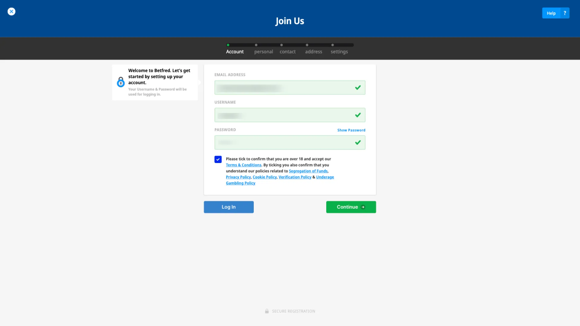 Betfred Casino Sign Up Enter Email, Username, And Password Background Image