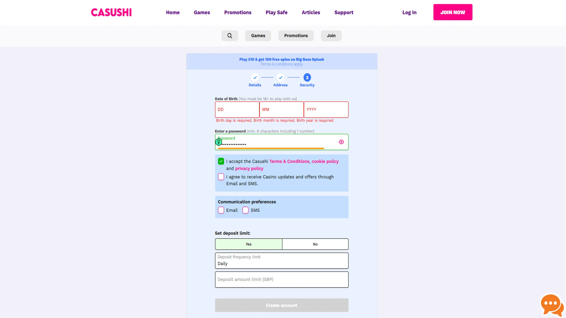 Casushi Casino Sign Up Enter Date Of Birth, Password, And Accept The Terms Background Image