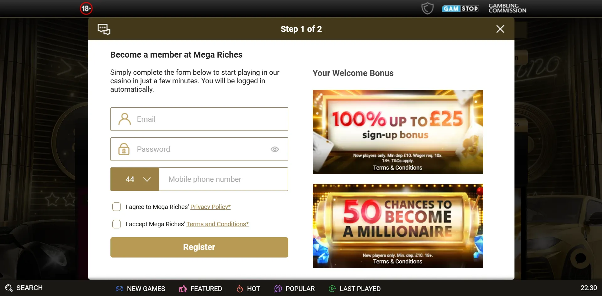 Sign Up At Mega Riches Background Image