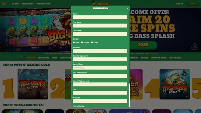 O'Reels Casino Sign Up Step 2 Background Image