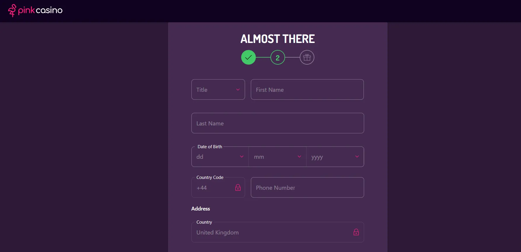Pink Casino How To Sign Up Step 2 Background Image