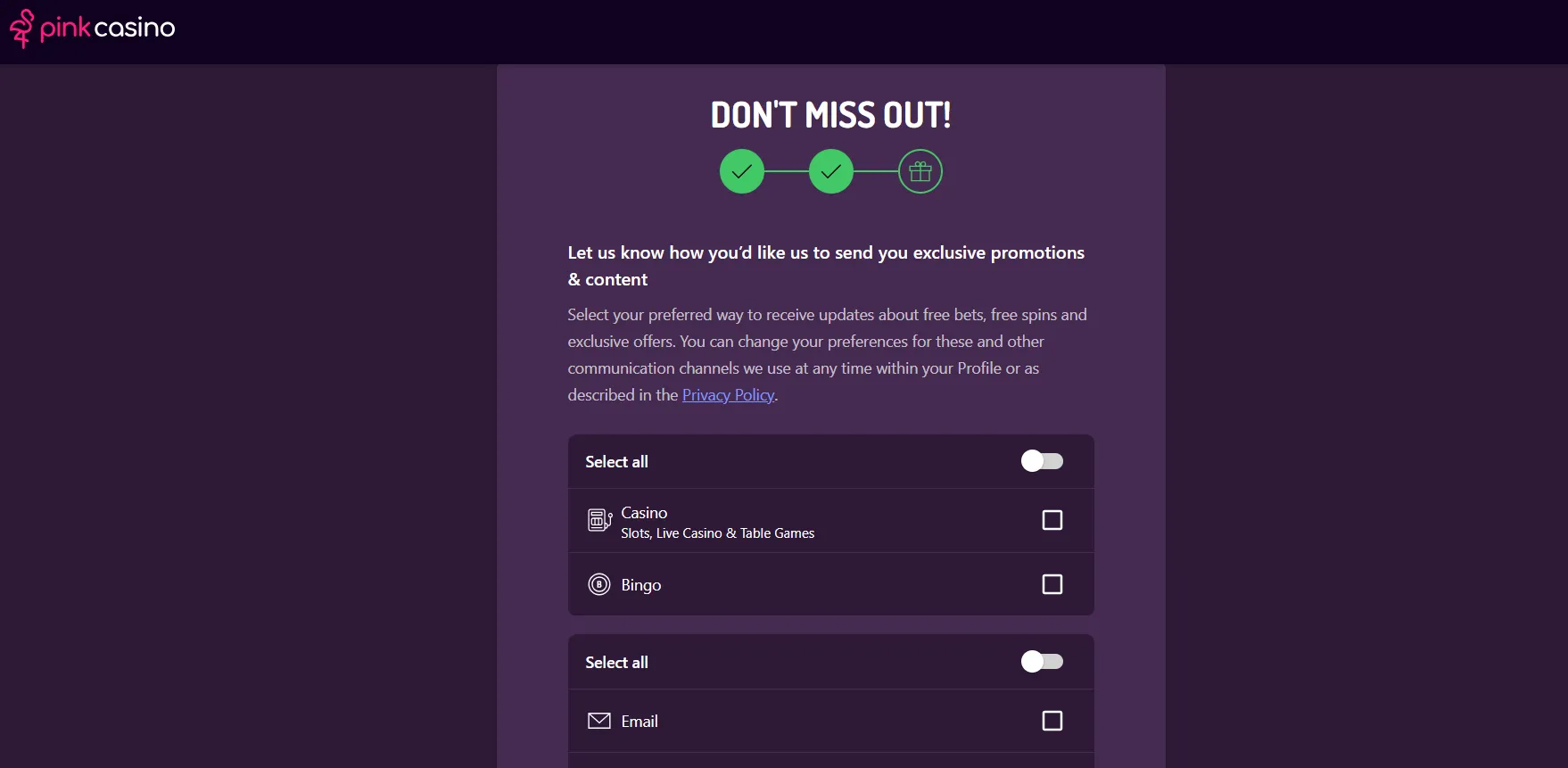 Pink Casino How To Sign Up Step 3 Background Image