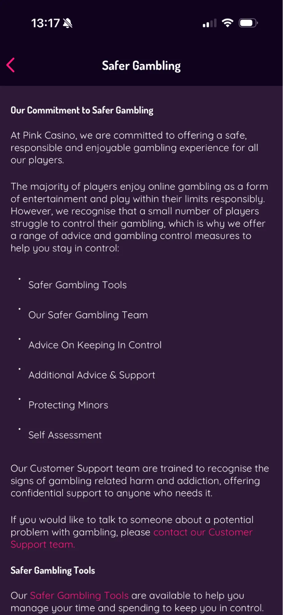 Pink Casino Mobile Safer Gambling Background Image