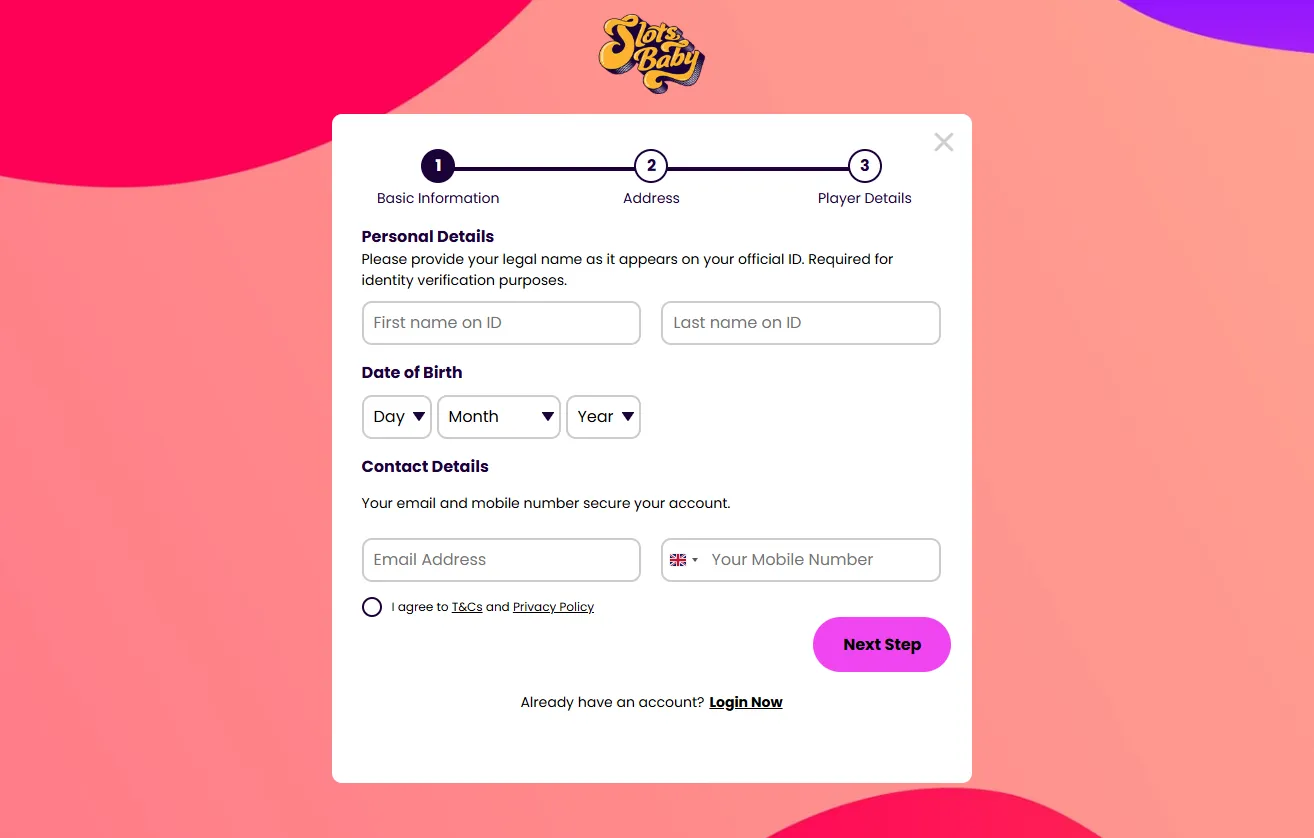 Slots Baby How To Sign Up Step 2 Background Image