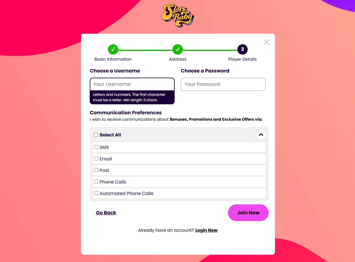 Slots Baby How To Sign Up Step 4 Background Image