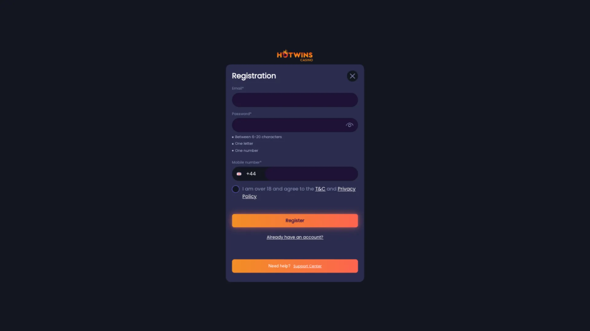 HotWins Casino How To Sign Up Step 2 Background Image