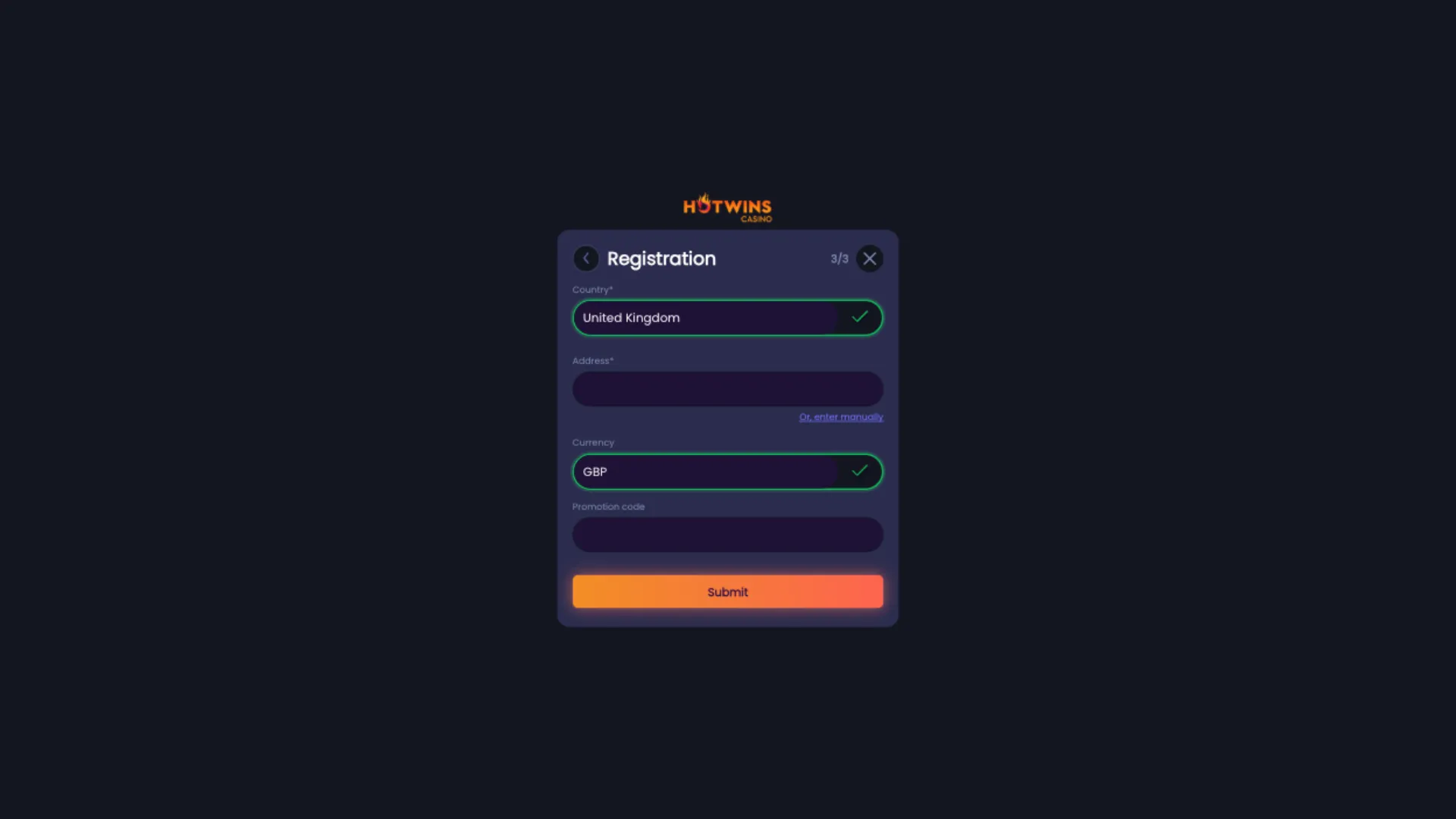 HotWins Casino How To Sign Up Step 4 Background Image