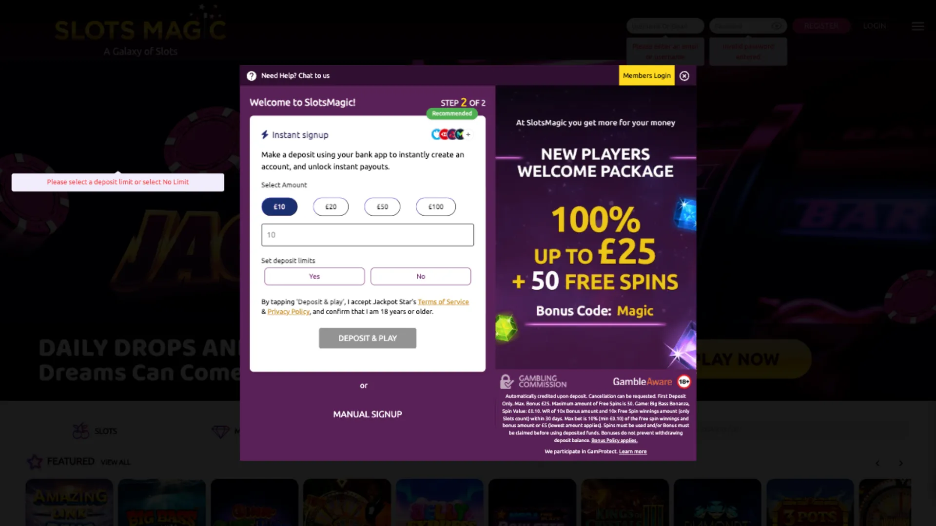 Slot Magic Casino How To Sign Up Step 2 Background Image