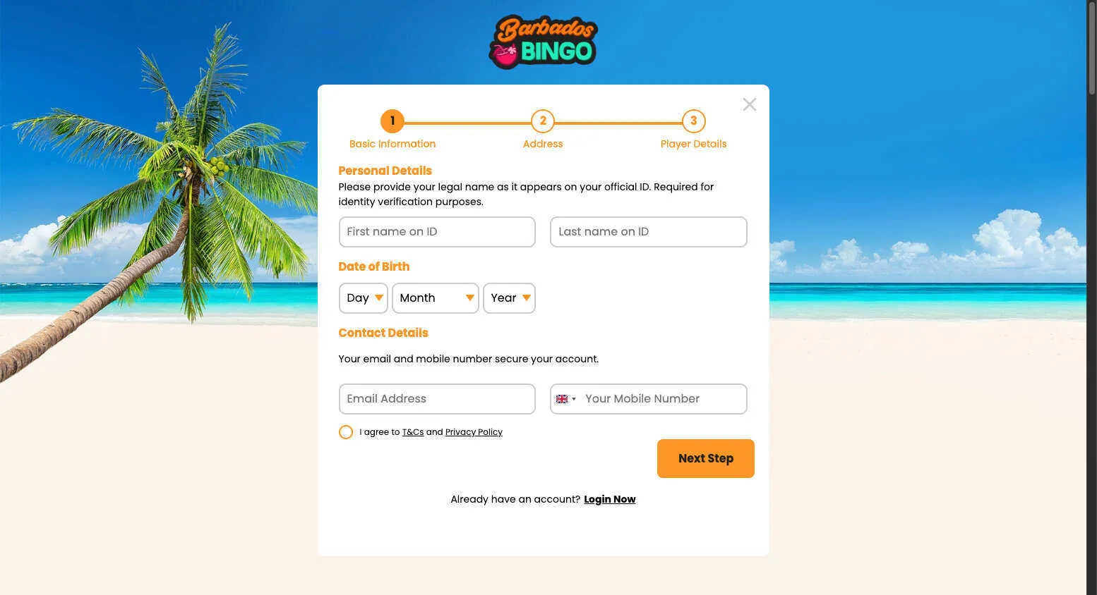 Add Your Personal Details To Barbados Bingo Sing Up Form Background Image