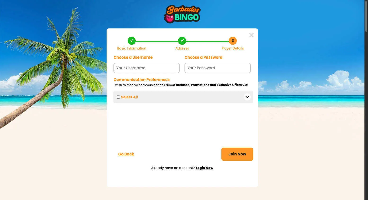 Barbados Bingo Choose Your Username And Password Background Image