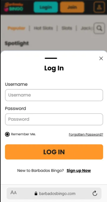 Barbados Bingo Mobile Login Page Background Image