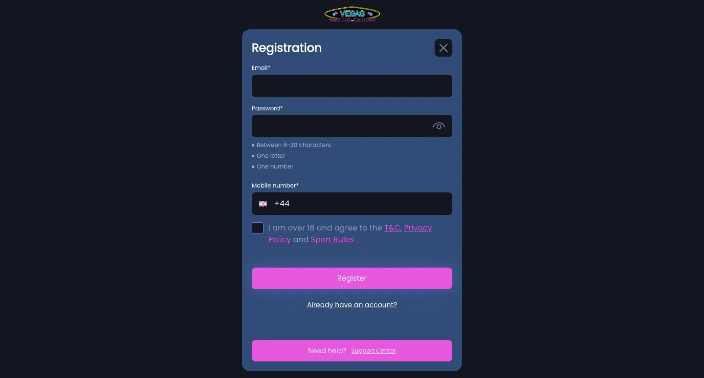 Vegas Mobile Casino How To Sign Up Step 1 Background Image