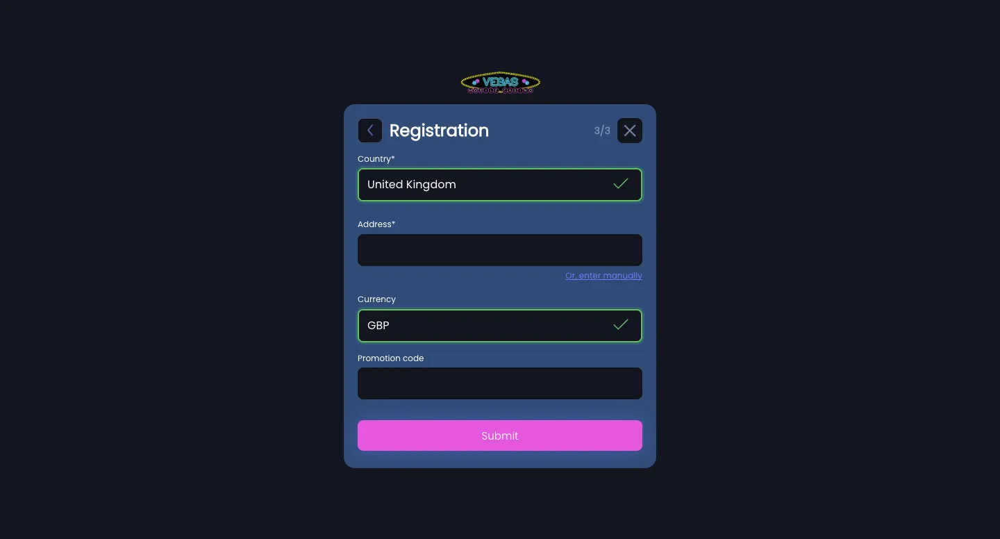Vegas Mobile Casino How To Sign Up Step 3 Background Image