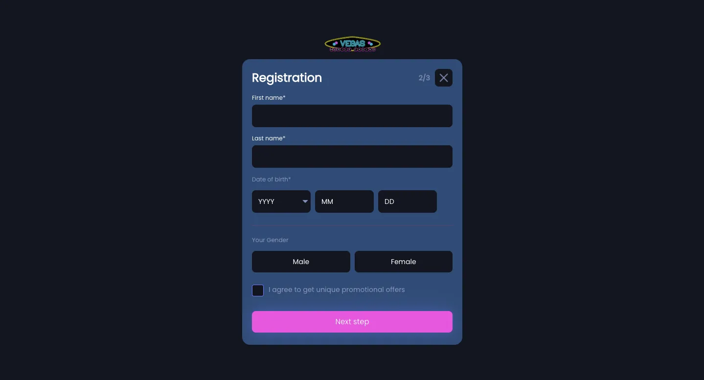 Vegas Mobile Casino How To Sign Up Step 2 Background Image