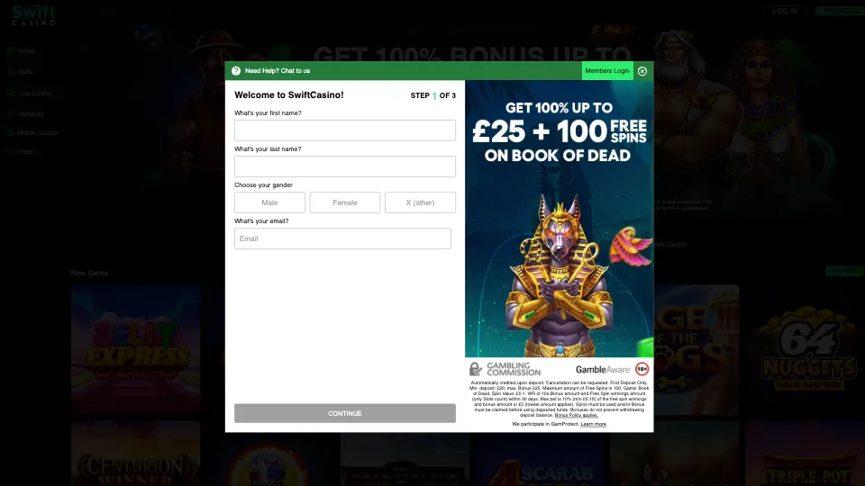 Swift Casino How To Sign Up Step 2 Background Image