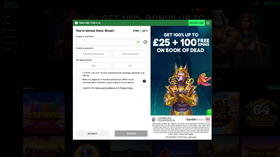 Swift Casino How To Sign Up Step 4 Background Image