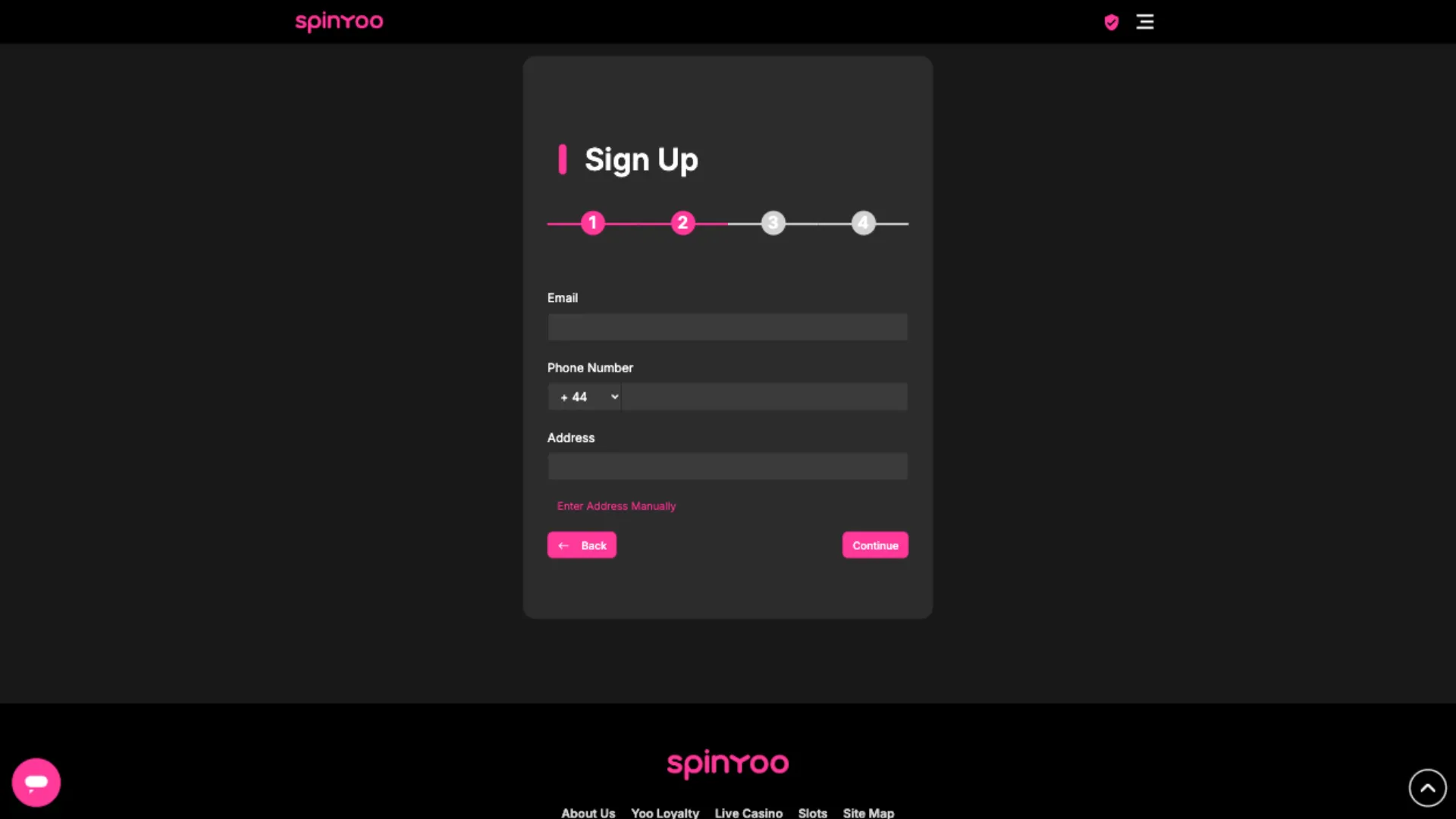 SpinYoo Casino Enter Your Email Address, Phone Number And Address Background Image