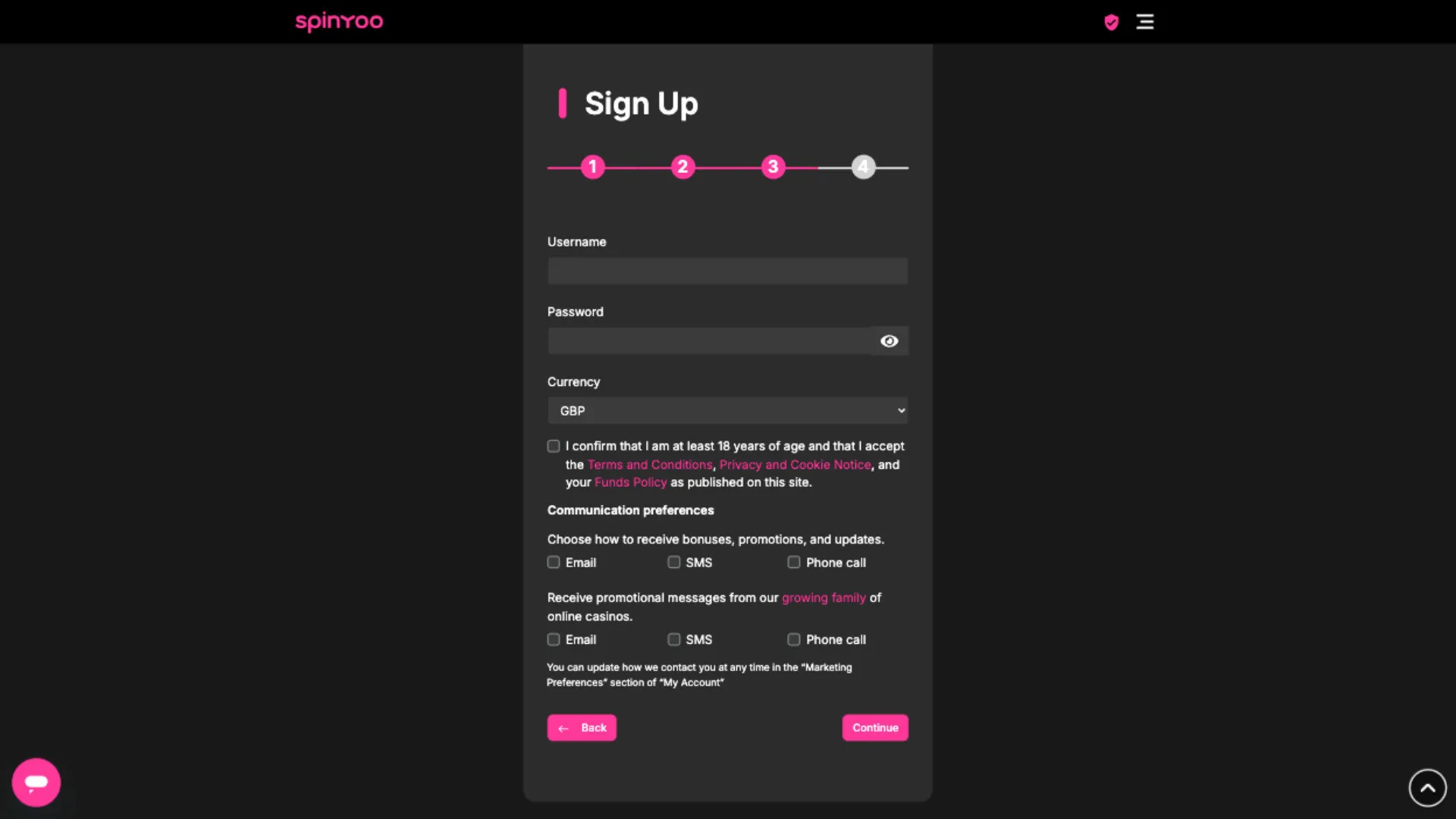 Create A Username And A Strong Password At SpinYoo Casino Sign Up Page Background Image