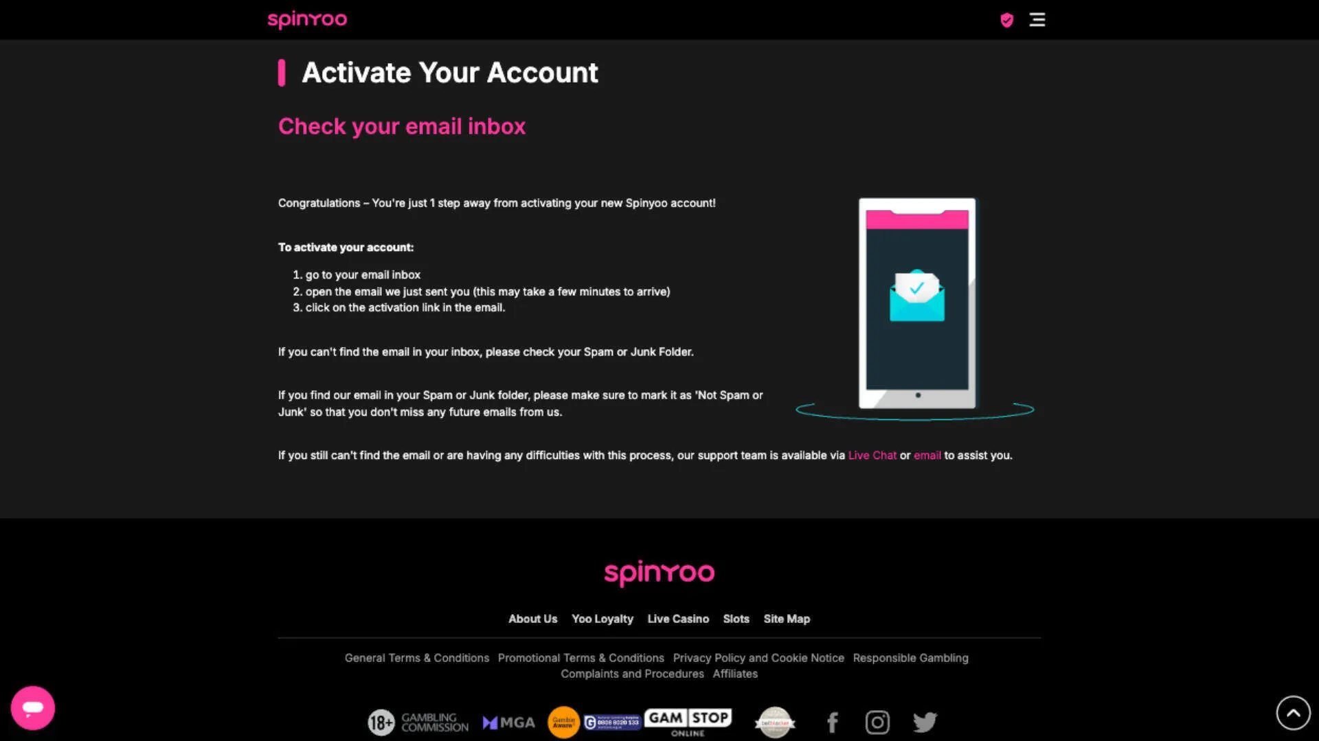 SpinYoo Casino Verify Your Email Address Background Image