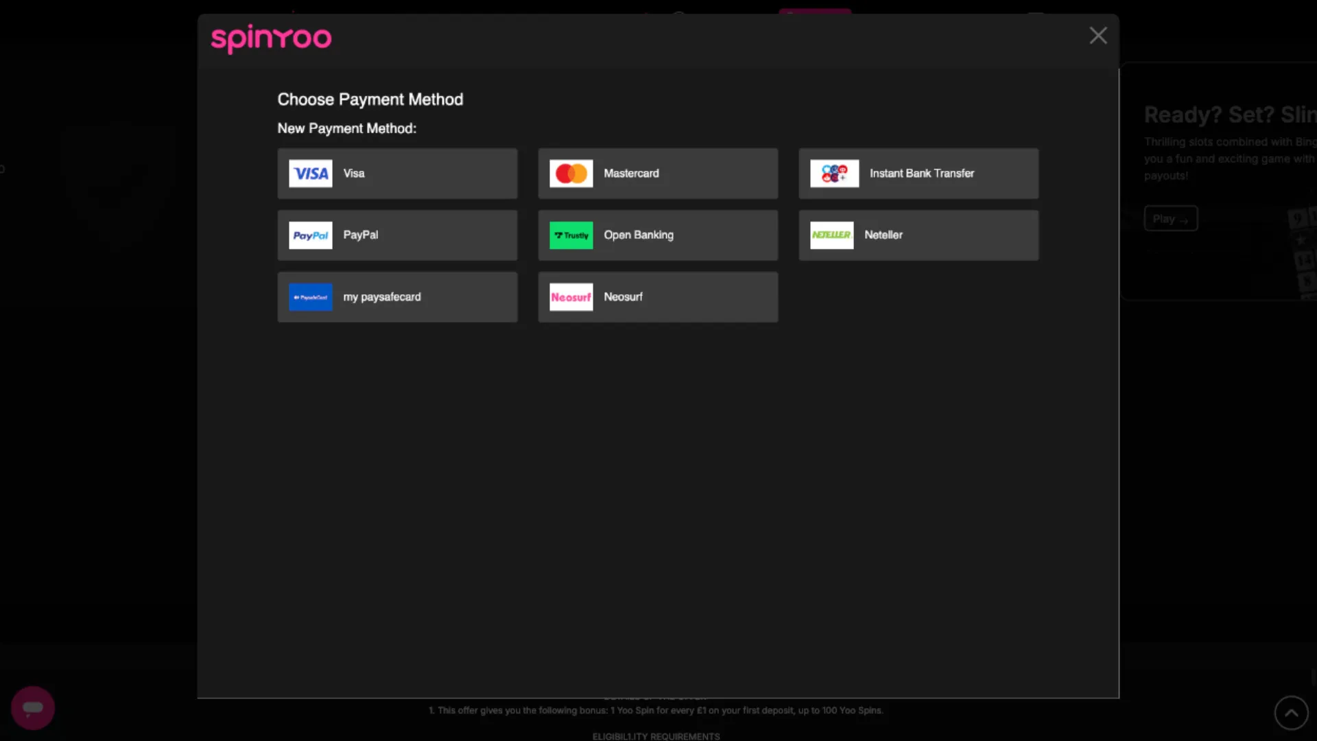 SpinYoo Casino Choose Your Payment Method Background Image