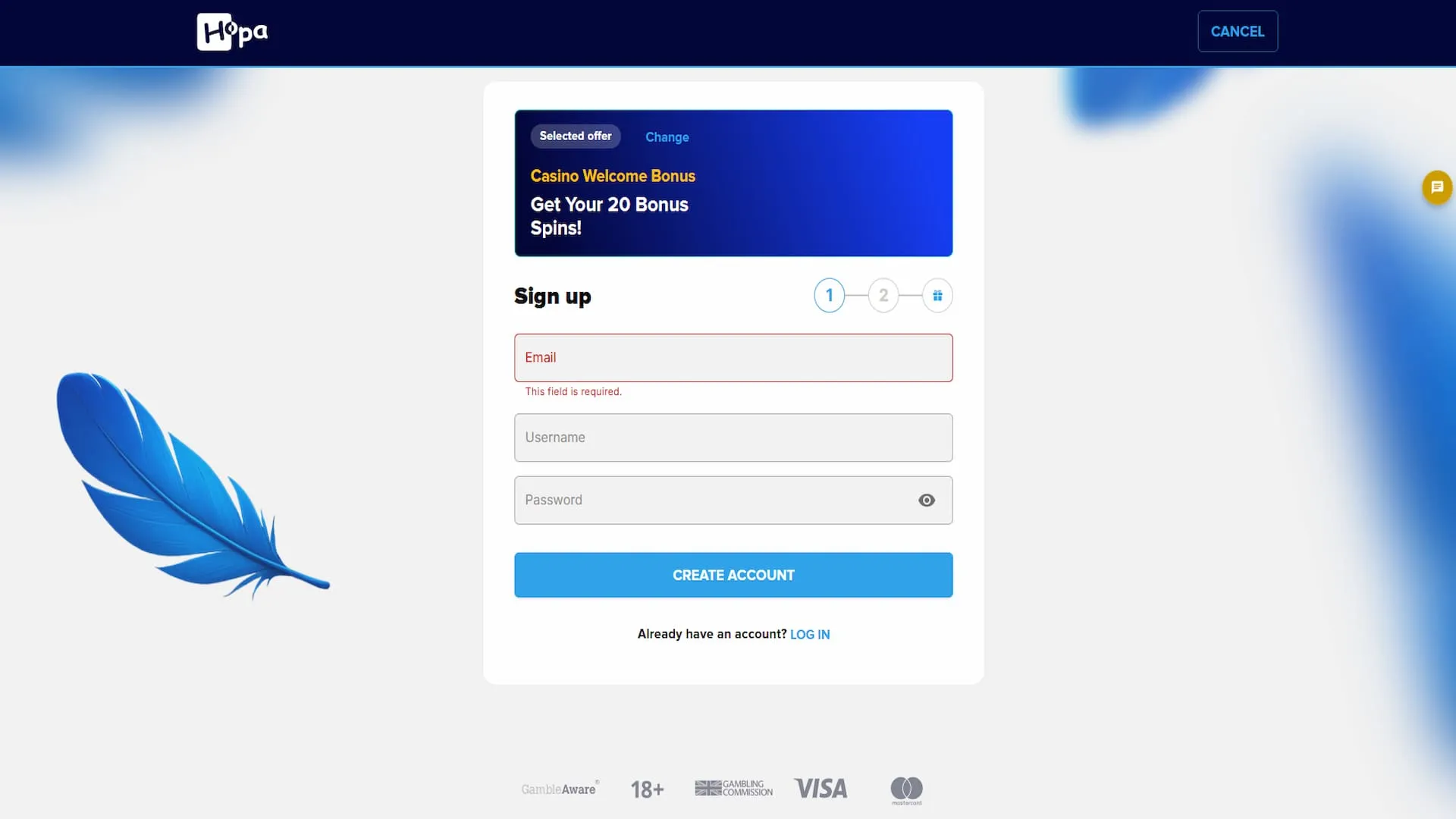Sign Up To Hopa Casino Background Image