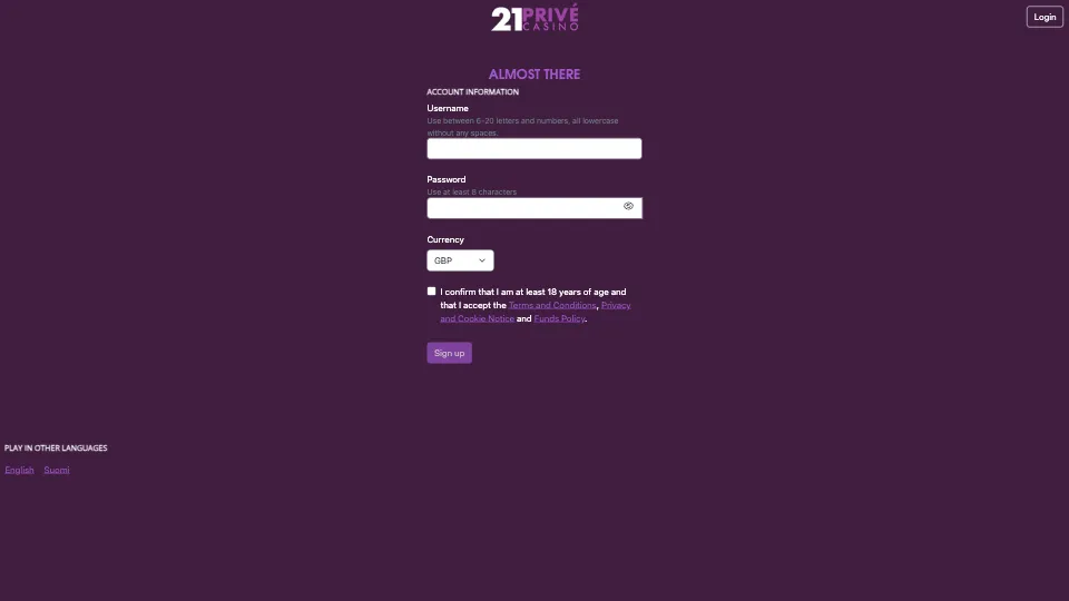21Prive Choose Your Username And Password Background Image