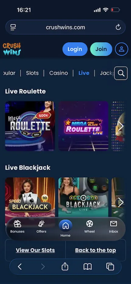 Crush Wins Casino Mobile Live Games Background Image