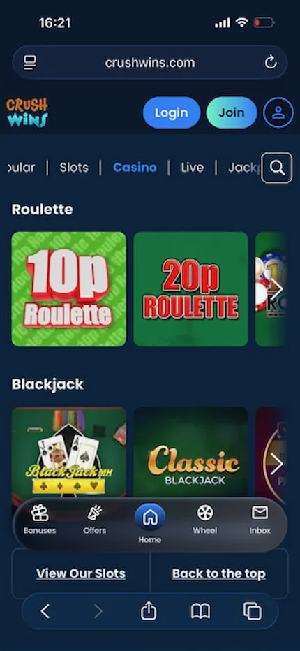 Crush Wins Mobile Casino Games Background Image