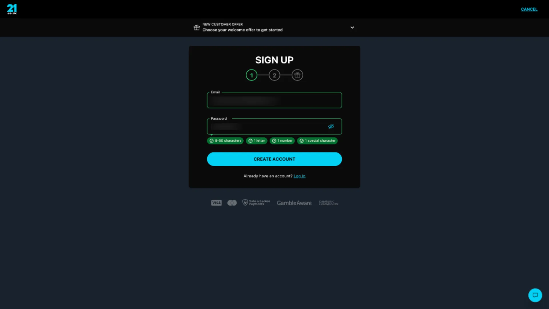 21.co.uk Casino How To Sign Up Step 2 Background Image