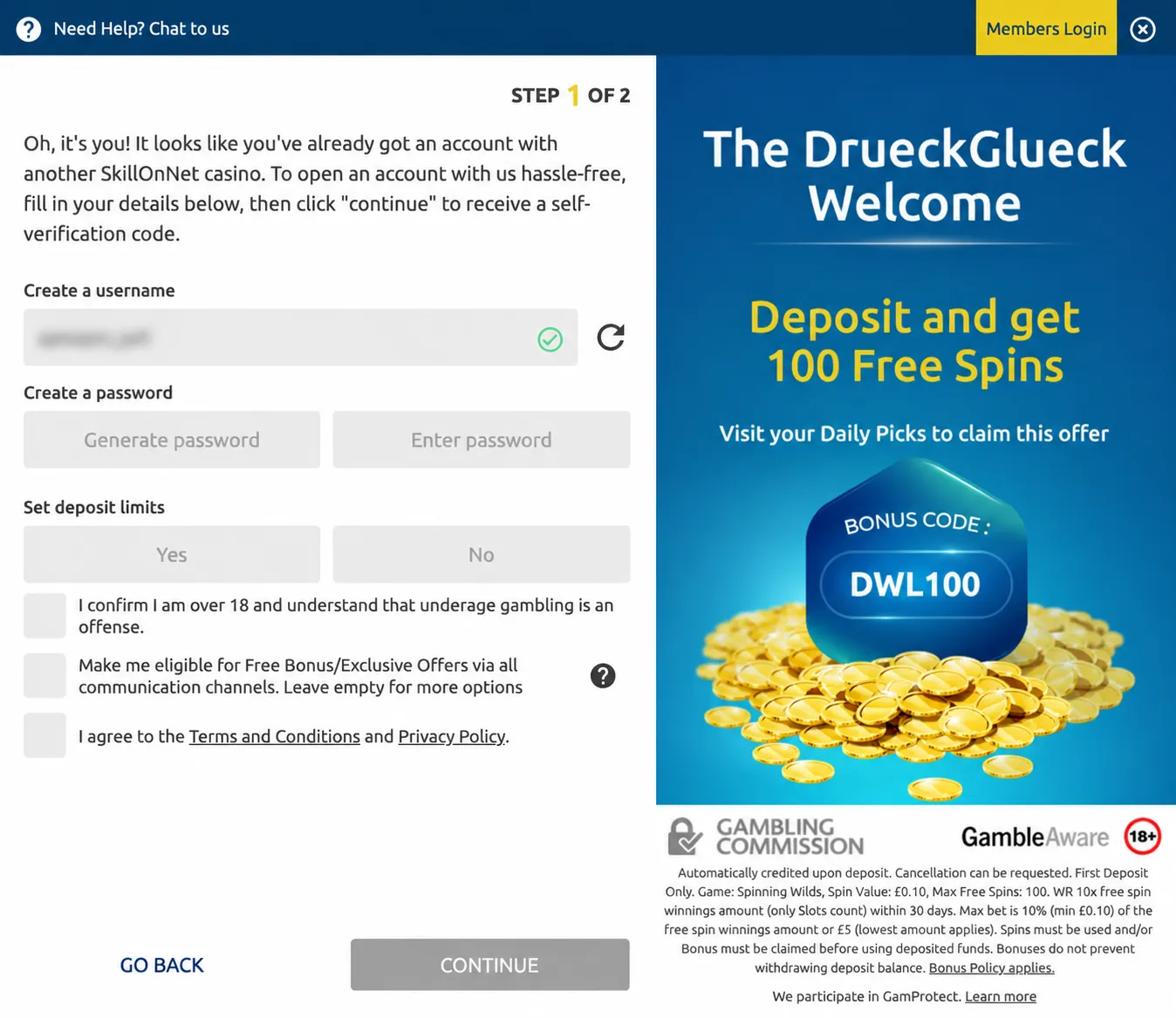 DrueckGlueck Casino How To Sign Up Step 2 Background Image