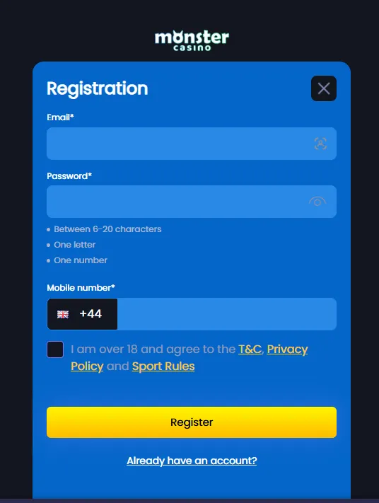 Monster Casino How To Sign Up Step 2 Background Image