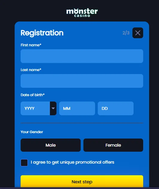 Monster Casino How To Sign Up Step 3 Background Image