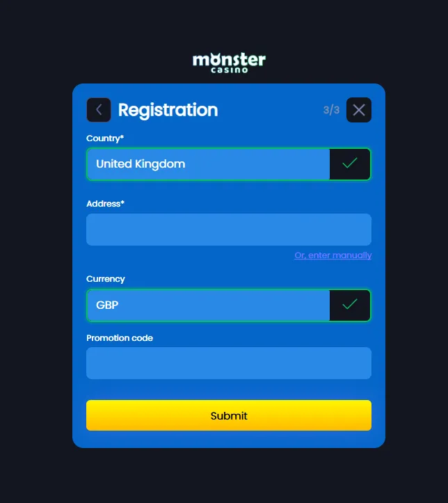 Monster Casino How To Sign Up Step 4 Background Image