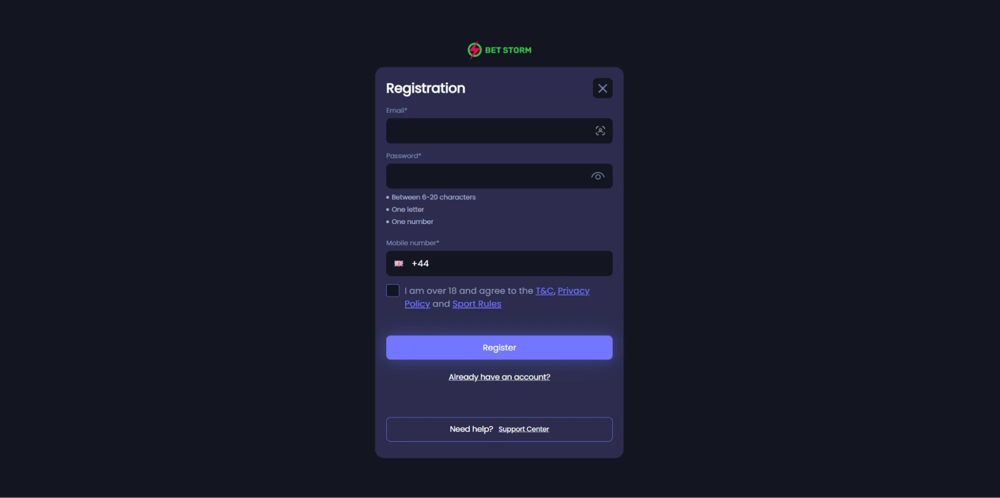 BetStorm Casino How To Sign Up Step 1 Background Image