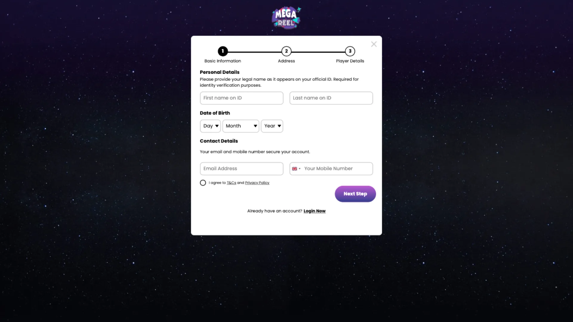 Mega Reel Casino How To Sign Up Step 2 Background Image