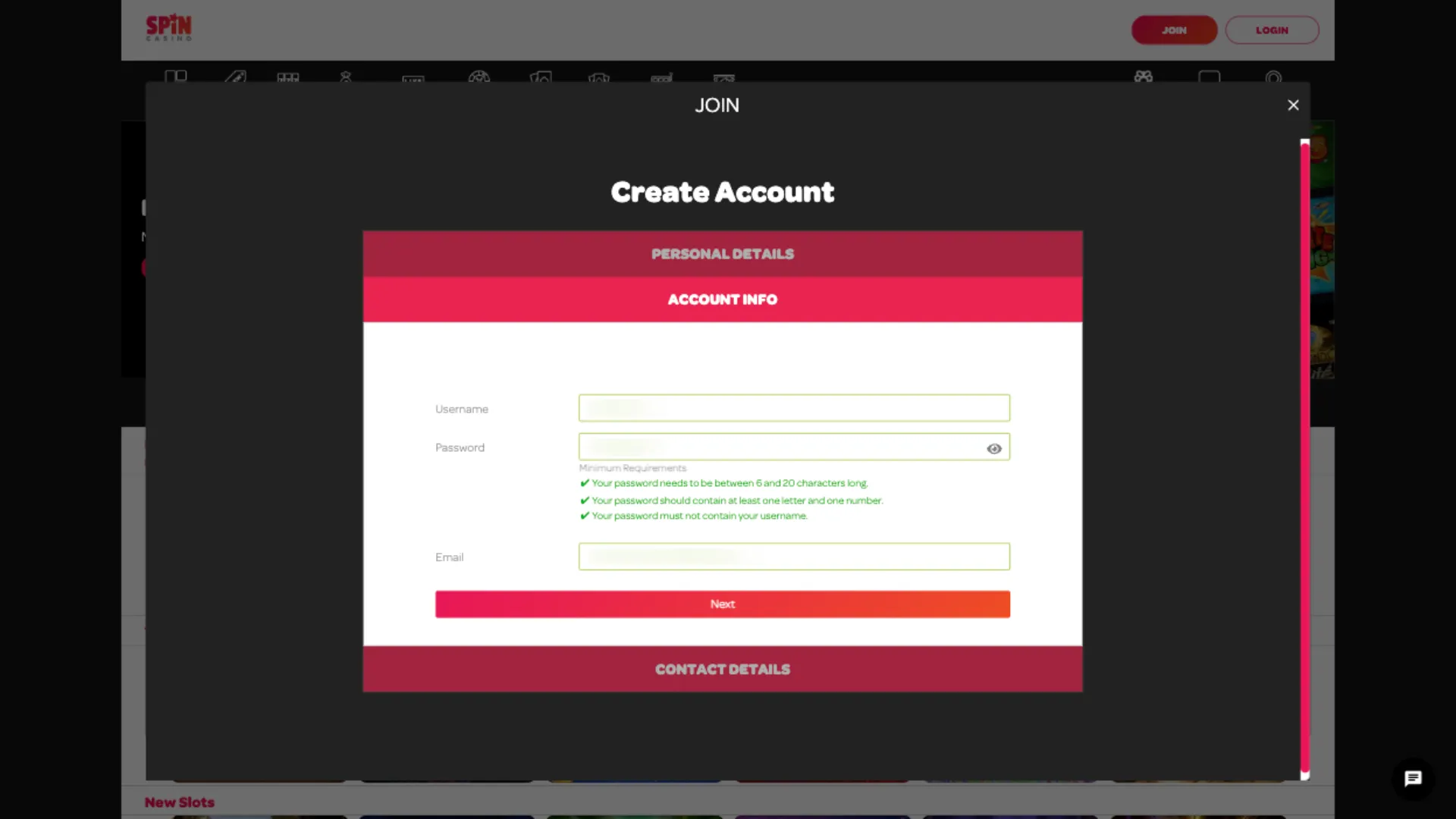 Spin Casino How To Sign Up Step 2 Background Image