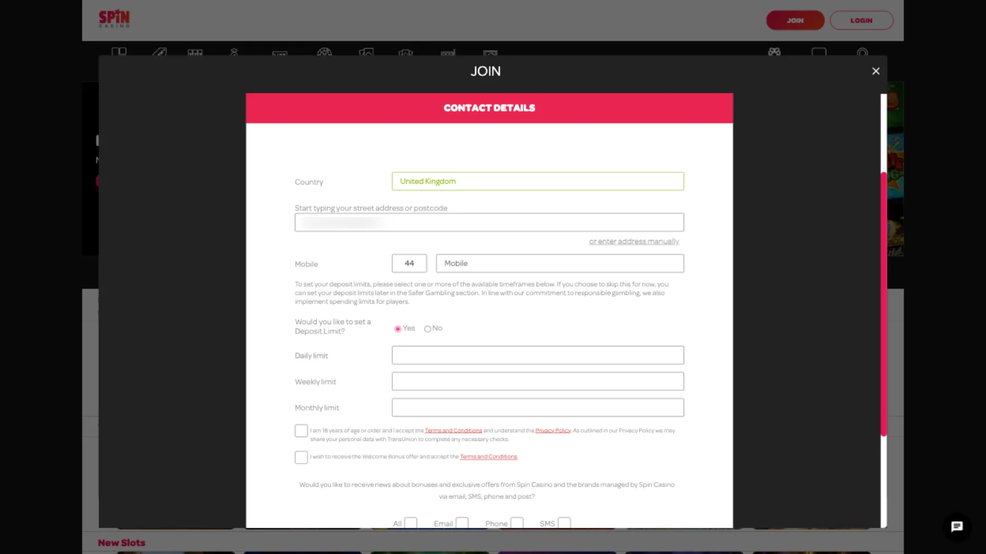 Spin Casino How To Sign Up Step 3 Background Image