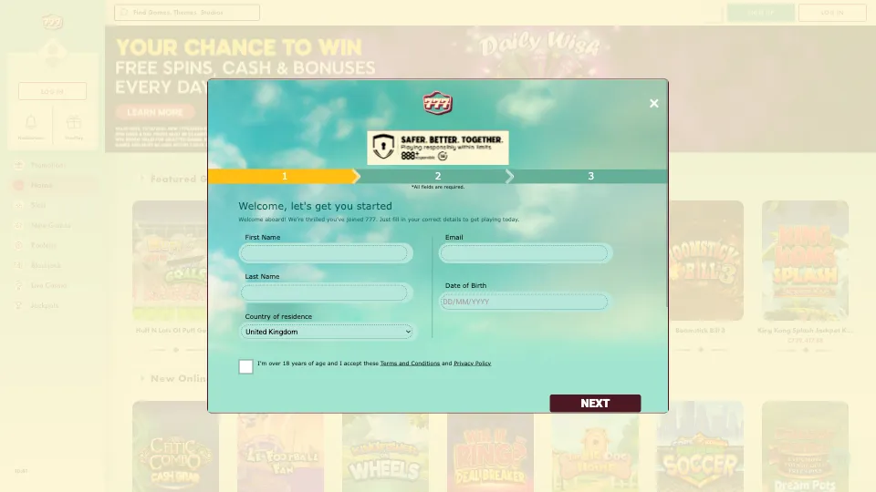 777 Casino How To Sign Up Step 2 Background Image