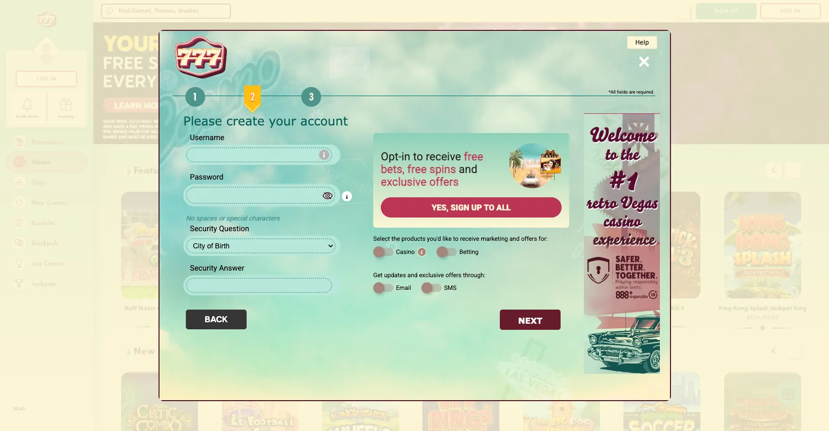 777 Casino How To Sign Up Step 3 Background Image