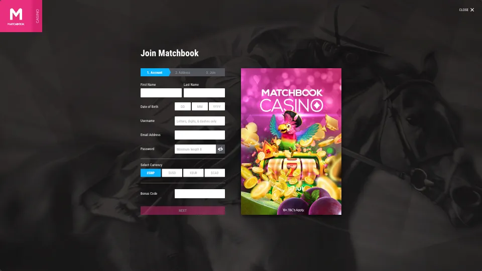 Matchbook Casino How To Sign Up Step 2 Background Image