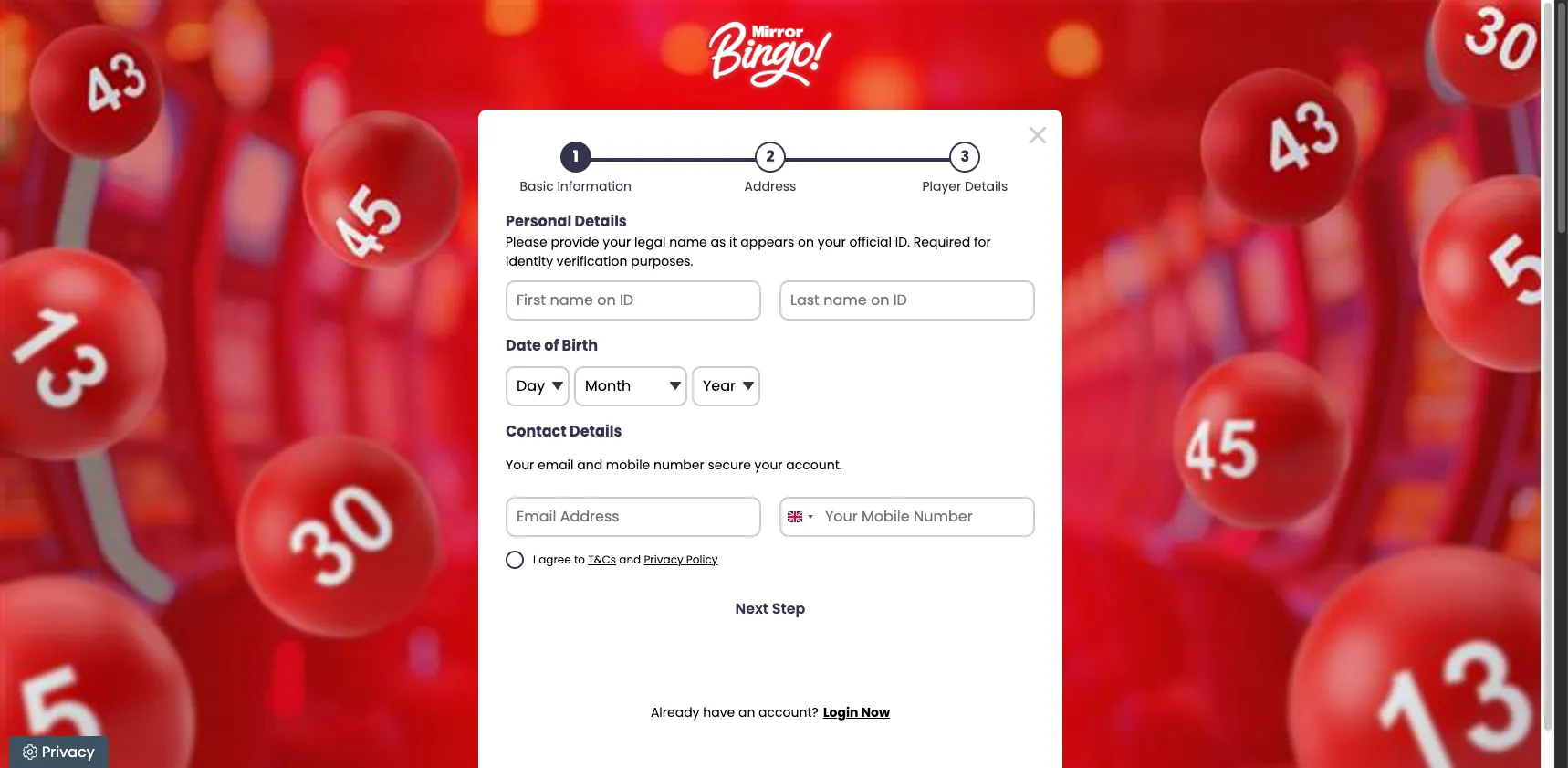 Mirror Bingo Casino How To Sign Up Step 2 Background Image