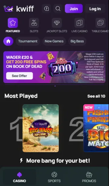 Kwiff Casino Featured Mobile Games Background Image