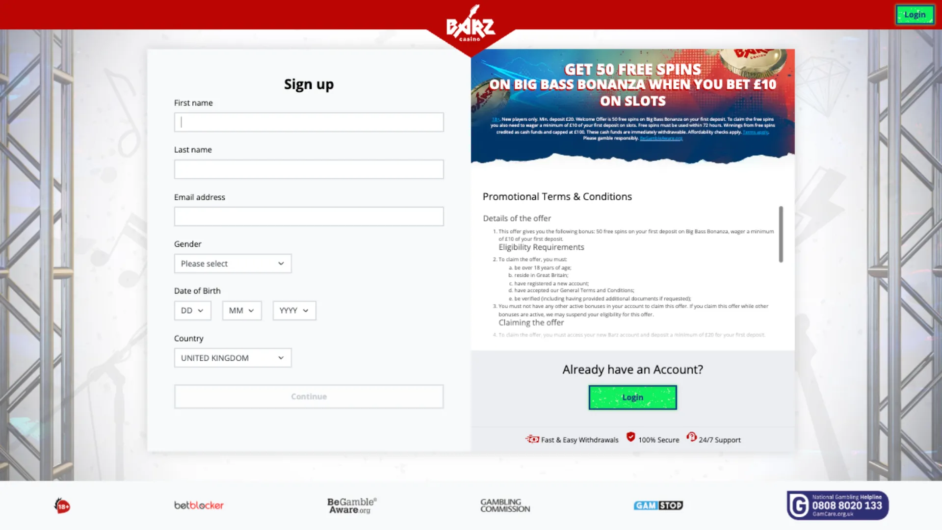 Barz Casino How To Sign Up Step 2 Background Image