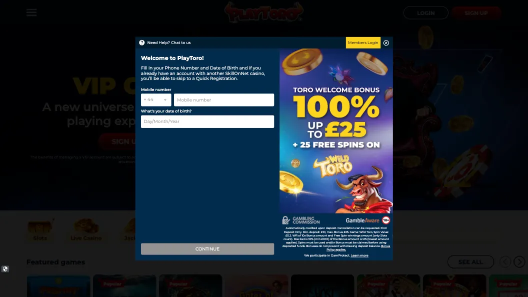 PlayToro Casino How To Sign Up Step 2 Background Image