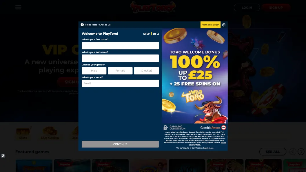 PlayToro Casino How To Sign Up Step 3 Background Image
