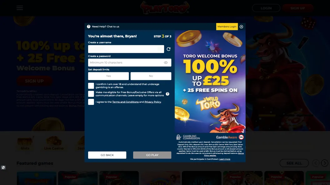 PlayToro Casino How To Sign Up Step 5 Background Image
