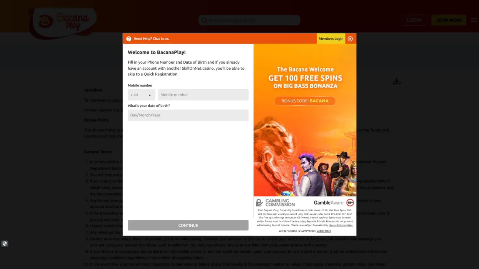 BacanaPlay Casino How To Sign Up Step 1 Background Image