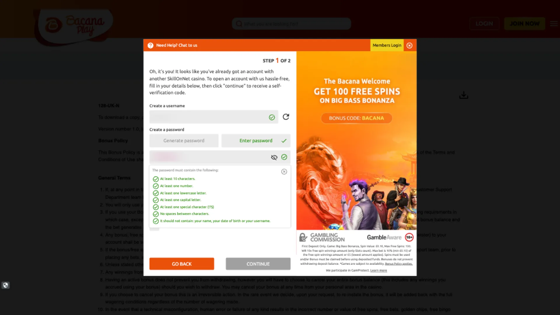 BacanaPlay Casino How To Sign Up Step 2 Background Image